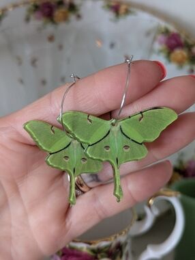 Cottagecore Green Luna Moth Hoop Dangle Earrings Silver Tone